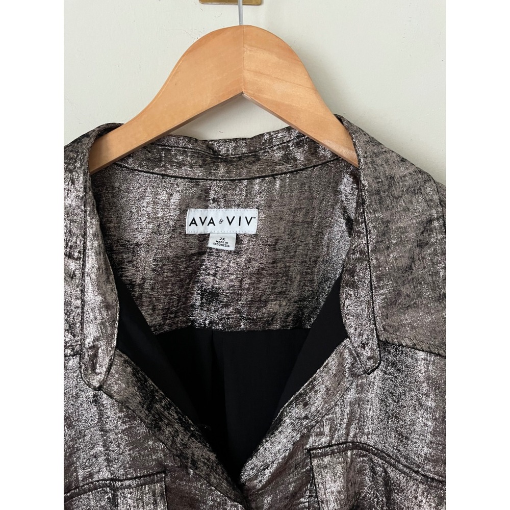 Ava & Viv Metallic Silver Button Front Shirt Dress Long Sleeve Party Midi 2X - Picture 3 of 7